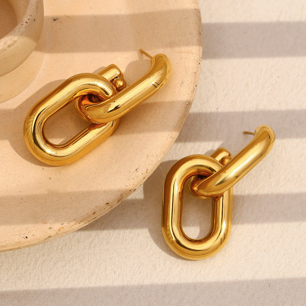 Minimalist Geometric Stainless Steel Earrings with 18K Gold Plating Hollow Chain Design for Women