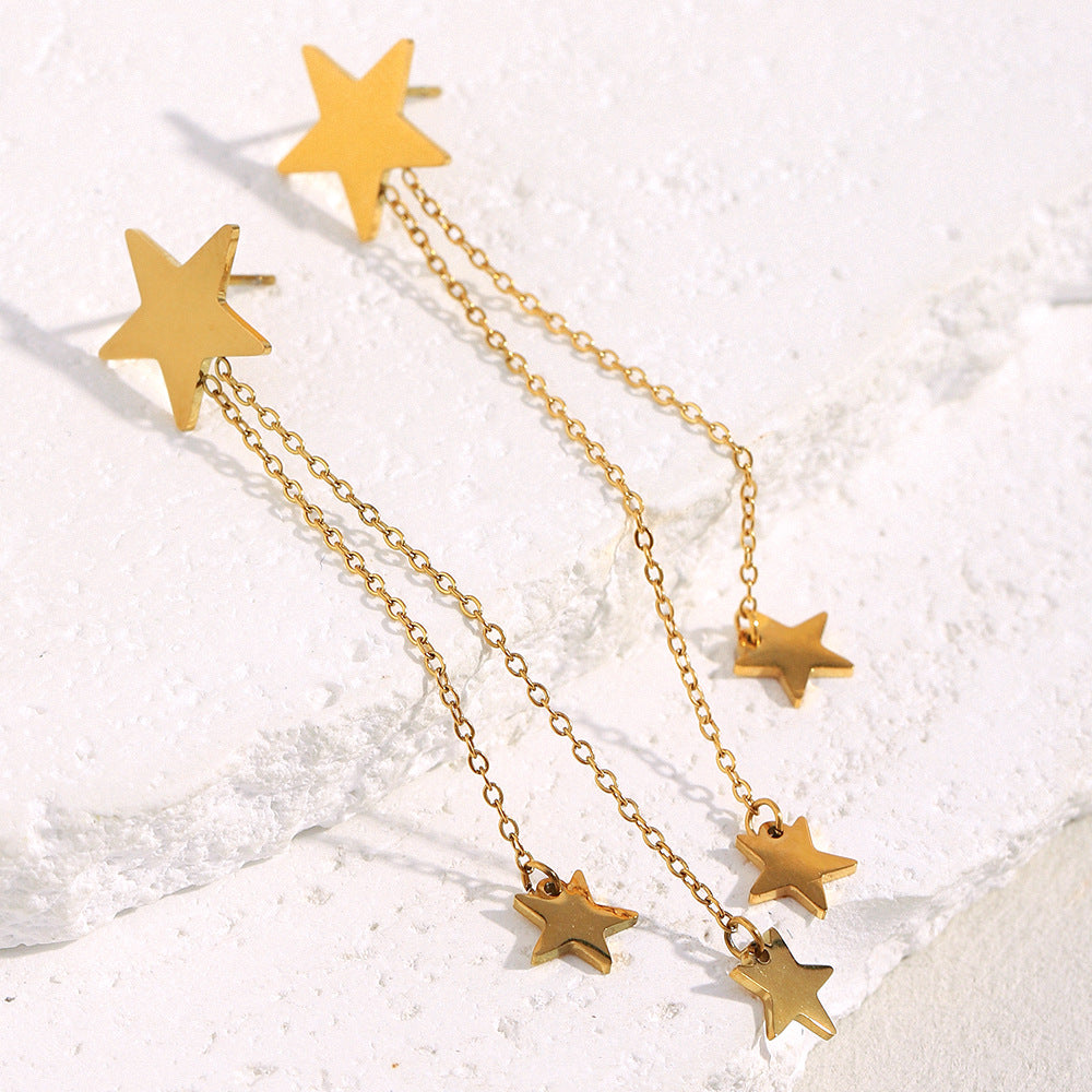 Minimalist Modern Star-Shaped Stainless Steel Earrings with 18K Gold Plating and Fringe Detail for Women