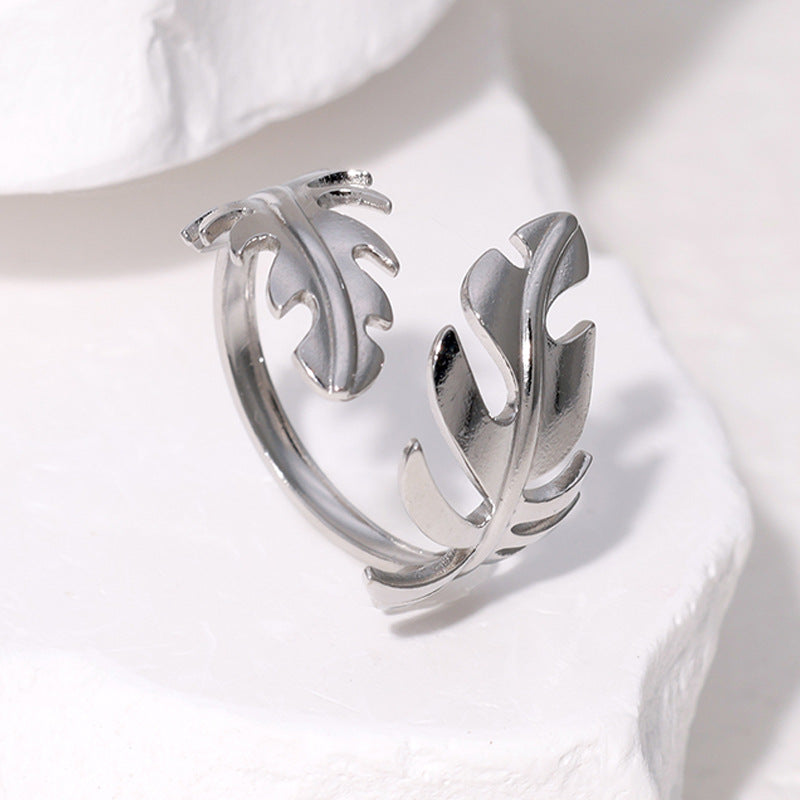 Minimalist Leaf-Shaped Stainless Steel Open Ring for Women with Plated Finish