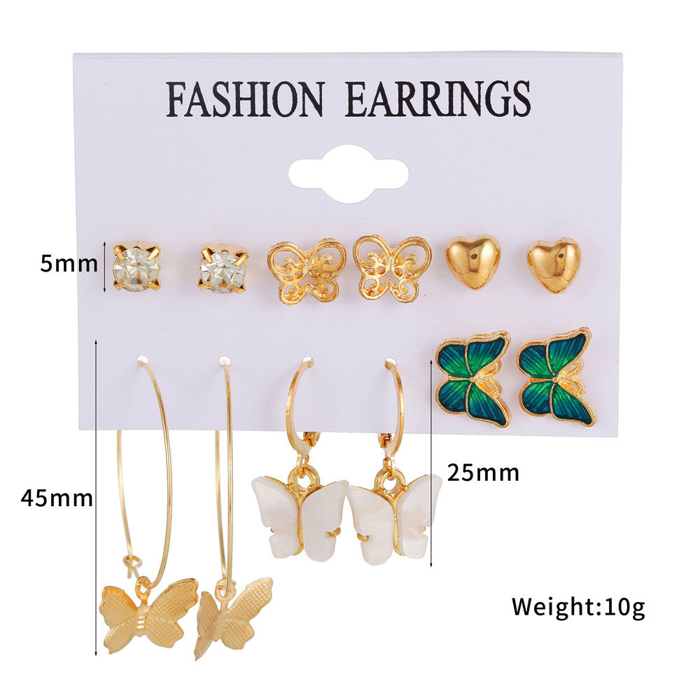 Bohemian Minimalist Butterfly and Heart Acrylic Rhinestone Stud Earrings Set Alloy Plated
