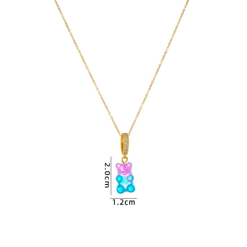 Minimalist Geometric Bear Pendant Necklace in Titanium Steel with Rhinestone Inlay on O-Chain for Women