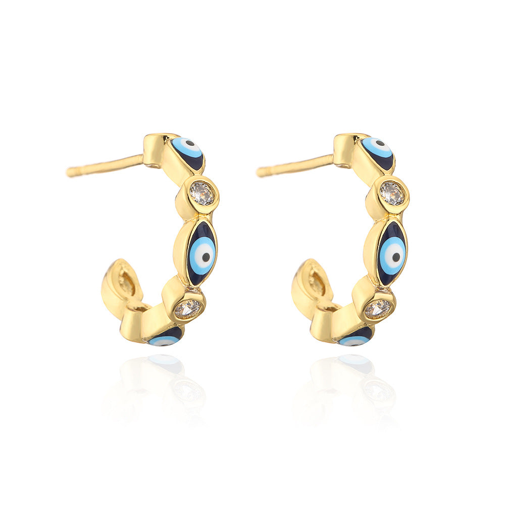 Fashionable Geometric C-Shaped Evil Eye Earrings for Women with Copper Base Plated in 18K Gold and Enamel Finish, Micro-Paved with Zircon