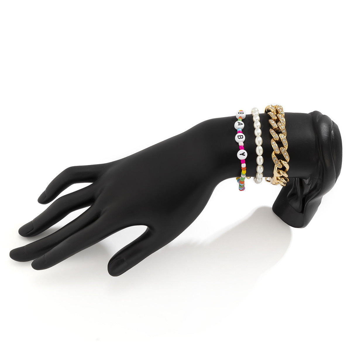 Set di bracciali da donna personalizzati con lettera geometrica, perle finte e catena a maglie cubane con zirconi incastonati