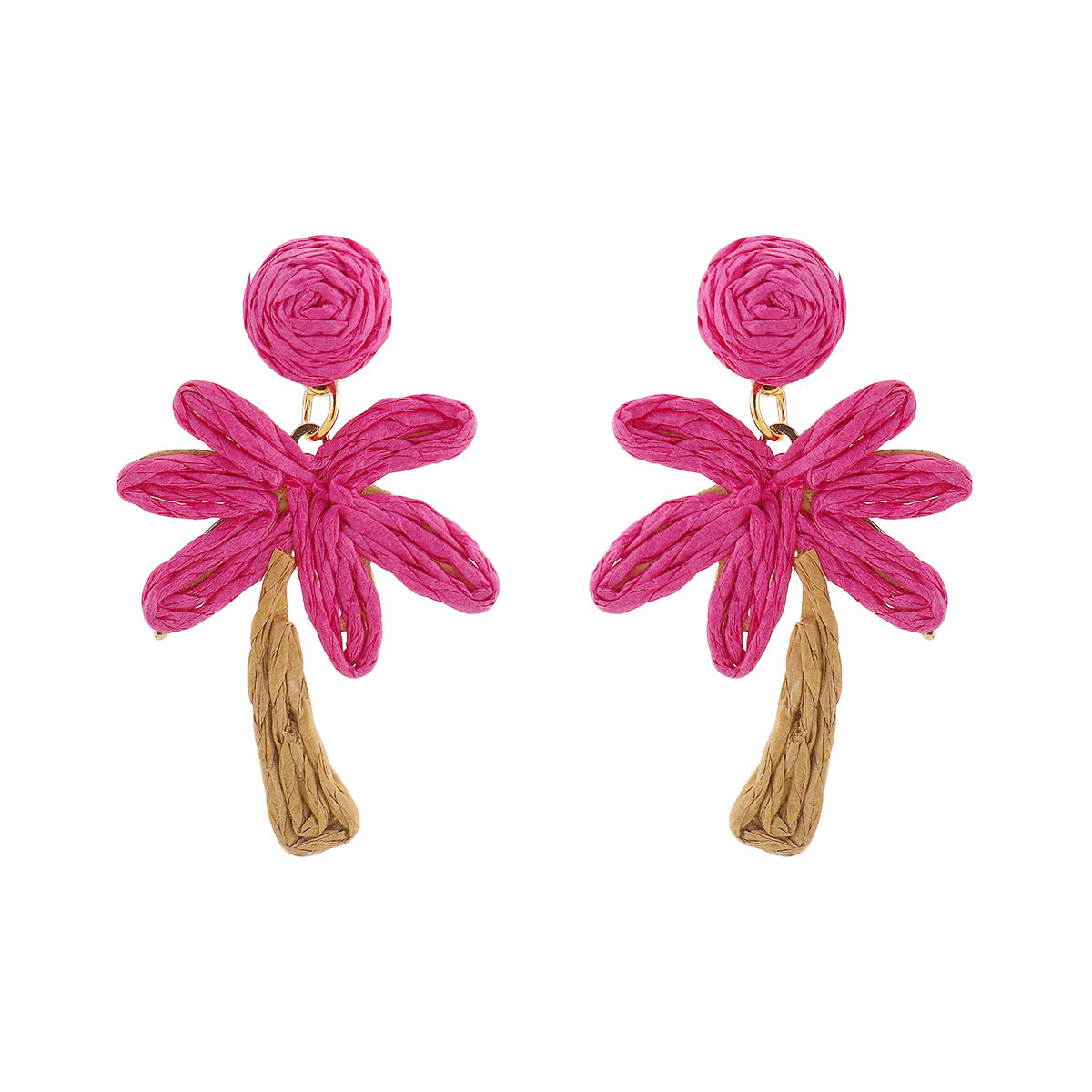 Pendientes de mujer de rafia tejida estilo vacaciones de verano con base de aleación y artesanía hecha a mano con forma de cocotero