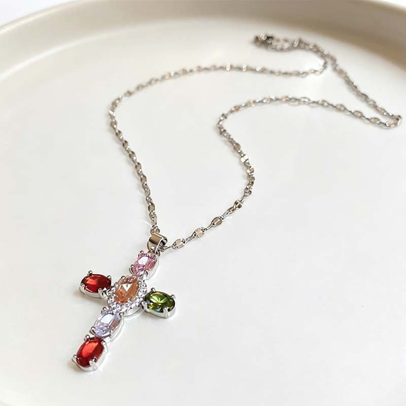 Sweet Colorful Cross Zinc Alloy Plated Necklace with Crystal Cubic Zirconia Inlay for Unisex