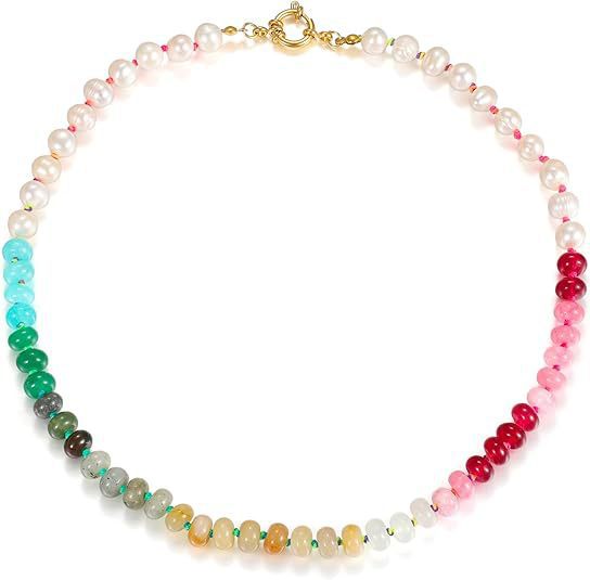 Sweet 8mm Natural Stone Bead Necklace Stainless Steel Geometric Round Ball Chain for Women