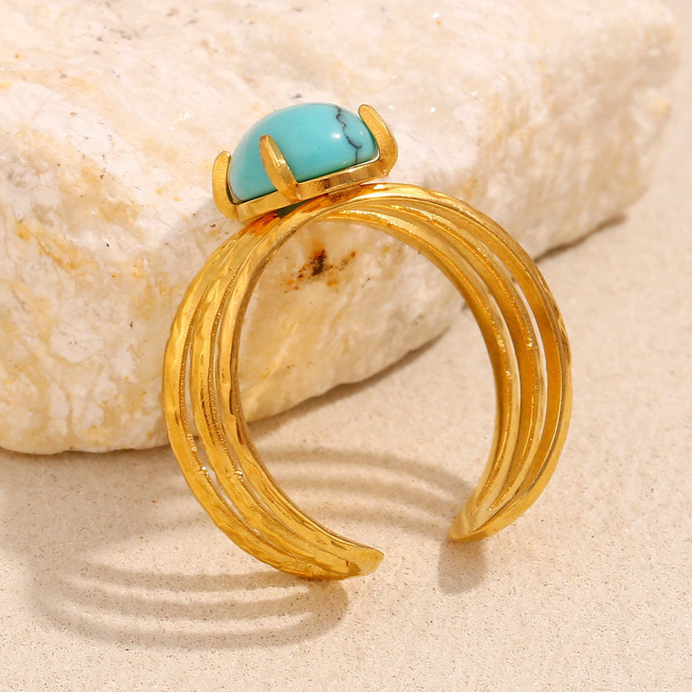 Anello Vintage Geometrico da Donna in Acciaio Inossidabile con Placcatura in Oro 18K e Intarsio Turchese