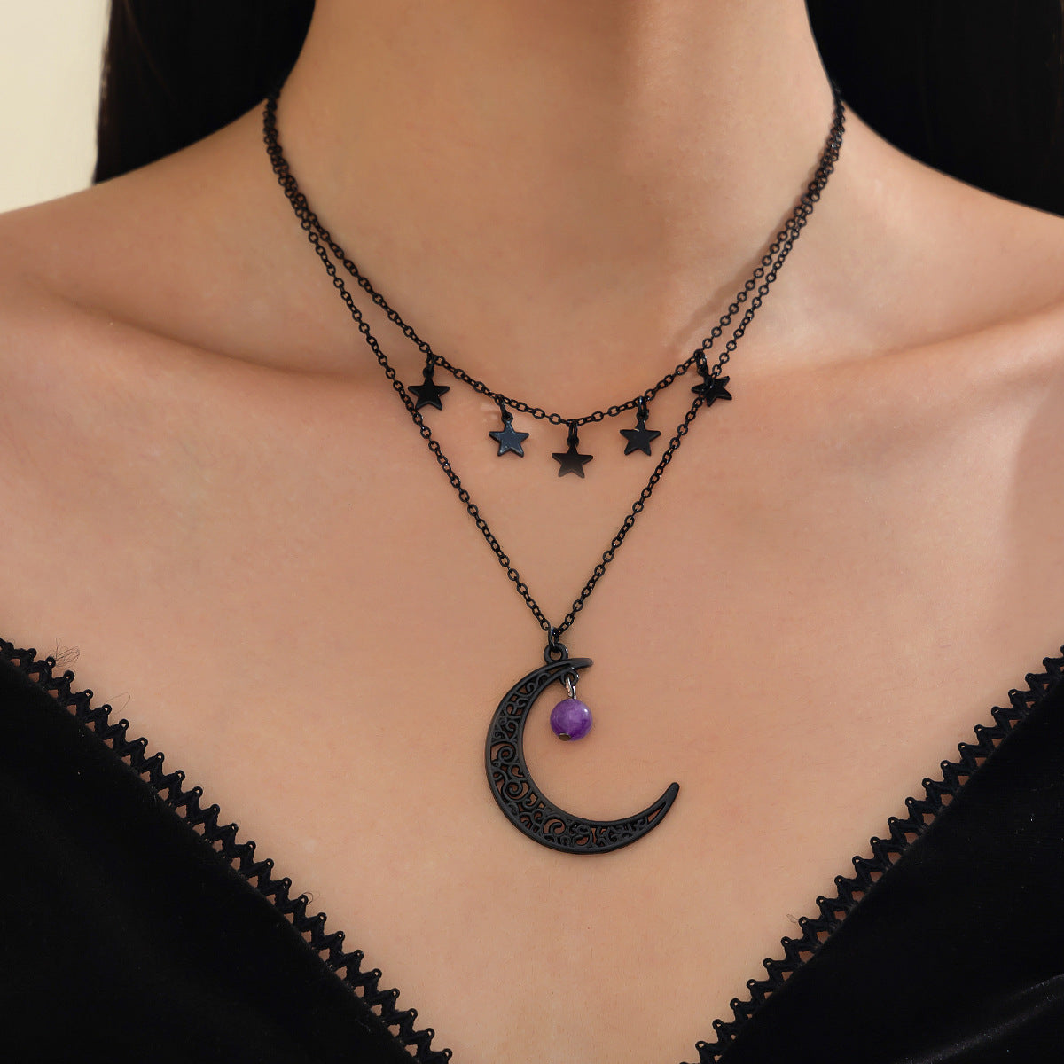 Collana gotica dark stile luna cava con perle di cristallo su catena fatta a mano da donna