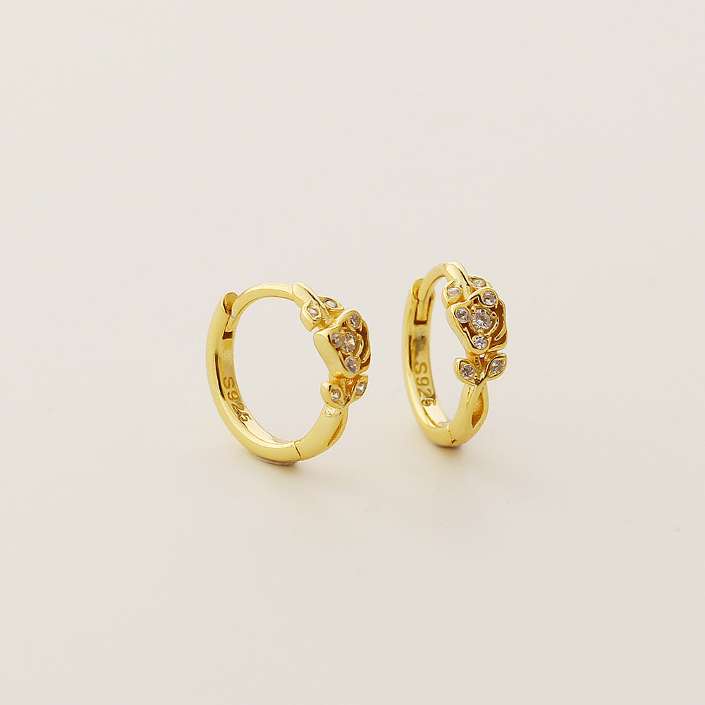 Pendientes Retro Florales con Forma de Rosa de Plata de Ley S925 con Incrustaciones de Diamantes de Imitación para Mujer