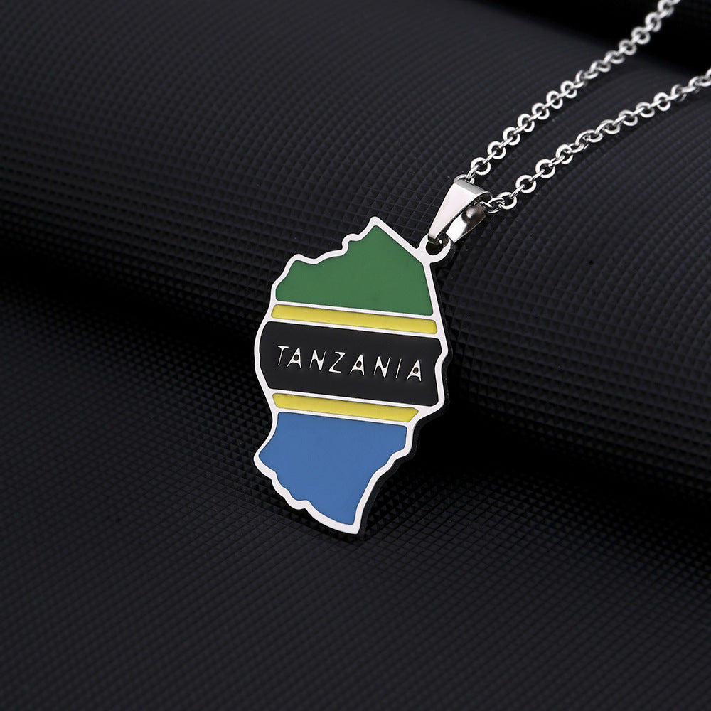 Collar con colgante de mapa de Tanzania y bandera, diseño geométrico étnico, de acero inoxidable con acabado chapado, unisex