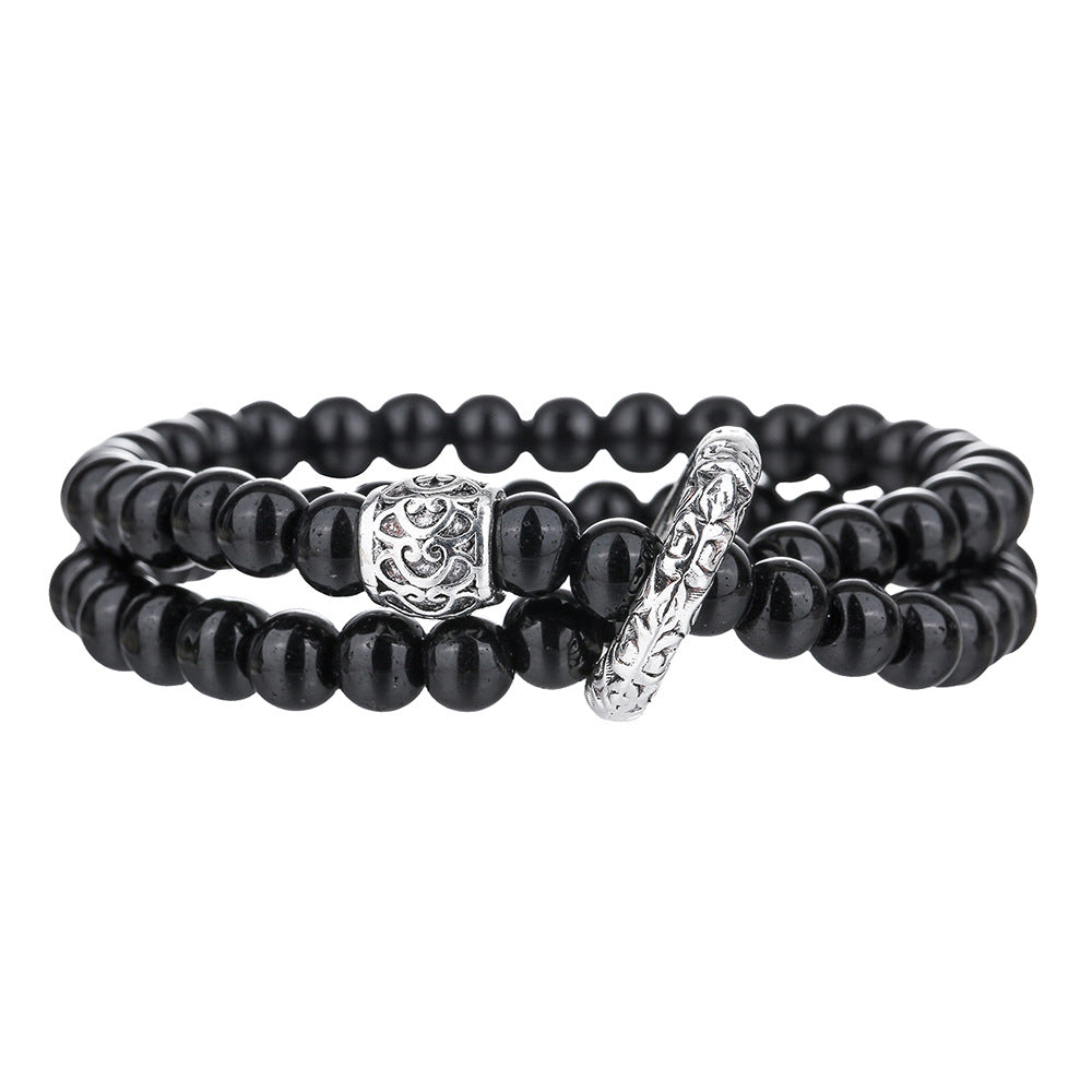 Vintage Chinese Zen Geometric Round Black Agate and Alloy Beaded Bracelet for Men and Women
