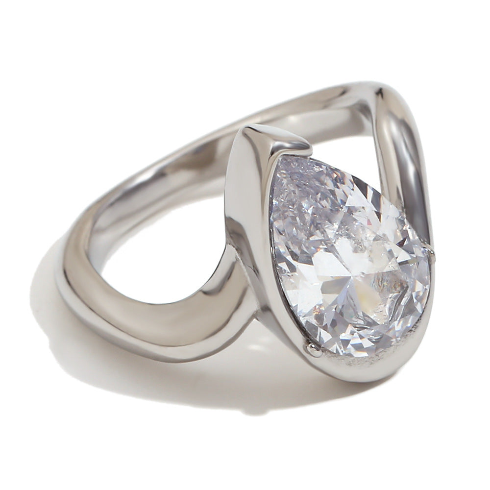 Fashion Elegant Geometric Teardrop Gold Plated Stainless Steel Ring with Rhinestone for Women
