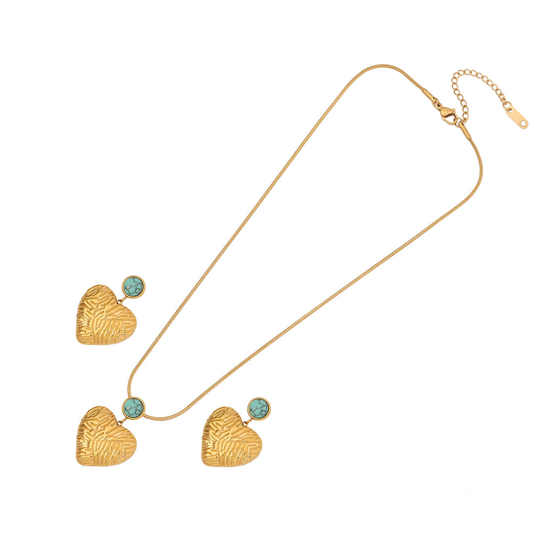 Vintage Geometric Irregular Pendant Necklace Set with Turquoise Accents Stainless Steel Heart Charm and O-Chain