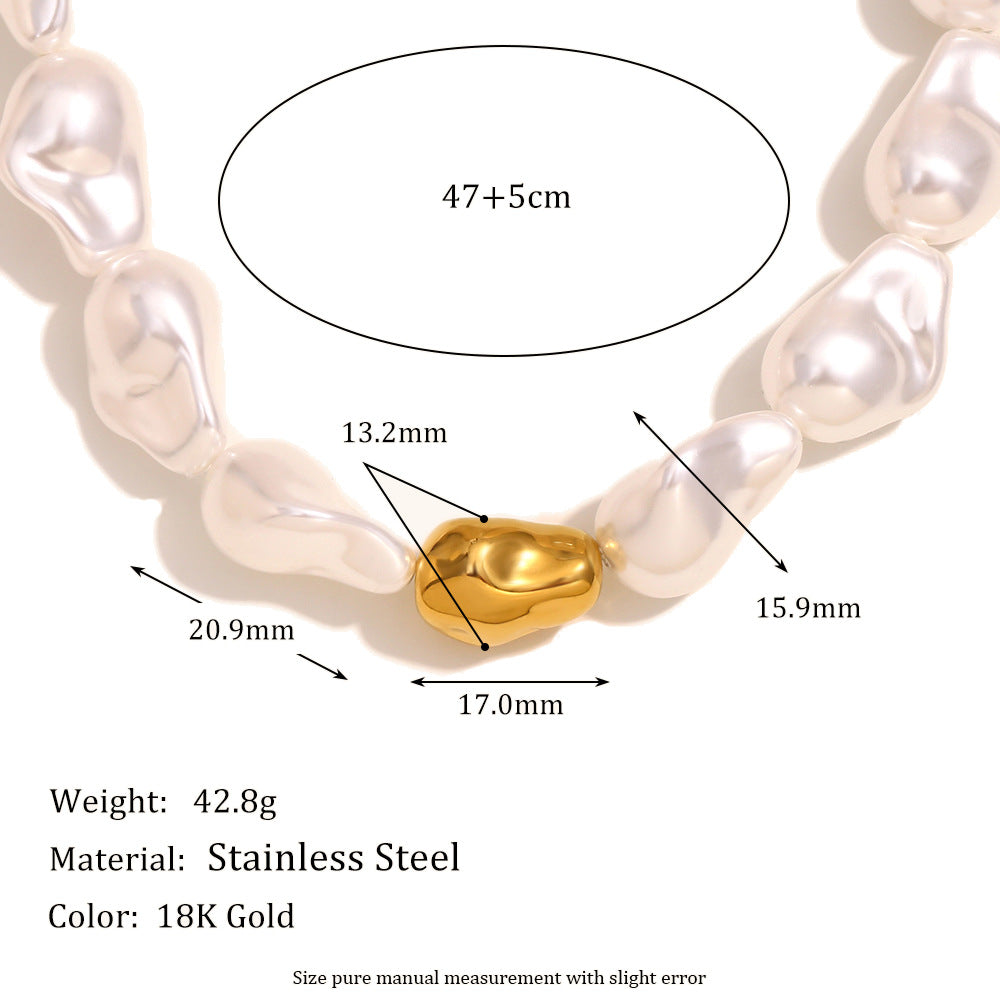 Conjunto de collar y pulsera de perlas barrocas geométricas de estilo vintage francés para mujer en acero inoxidable con baño de oro de 18 quilates