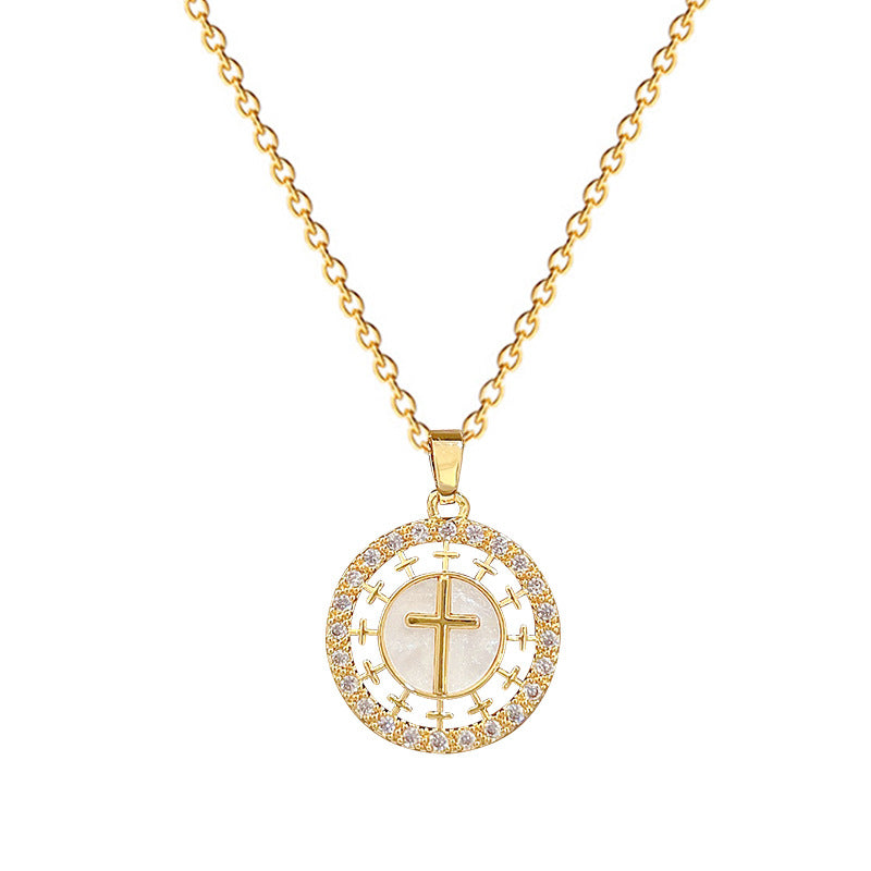 Minimalist Round Cross Pendant Necklace for Women Stainless Steel Snake Chain with Rhinestone Inlay