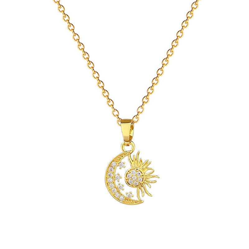 Sweet Minimalist Moon Star Geometric Rhinestone Titanium Steel Necklace for Unisex
