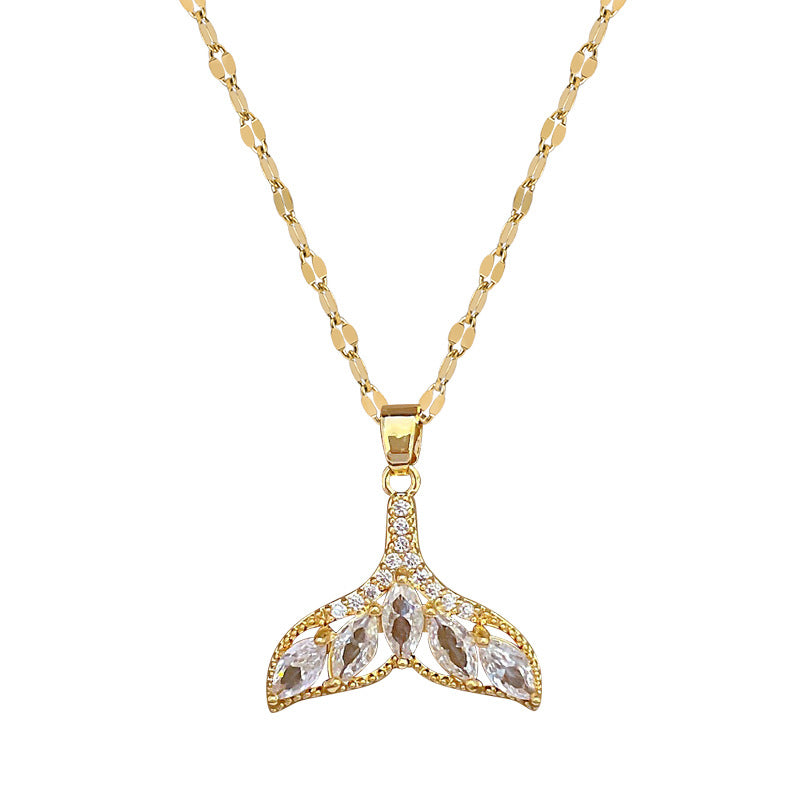 Collana con ciondolo a coda di pesce geometrica di lusso per donne e uomini in acciaio inossidabile cavo con strass intarsiati, catena per clavicola