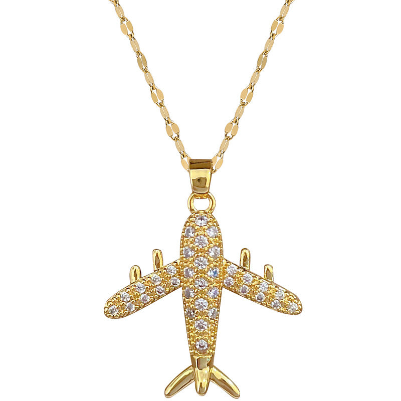 Collar con colgante de avión de combate de lujo con diamantes de imitación para mujer y hombre, cadena de eslabones geométrica de acero de titanio con motivo de luna