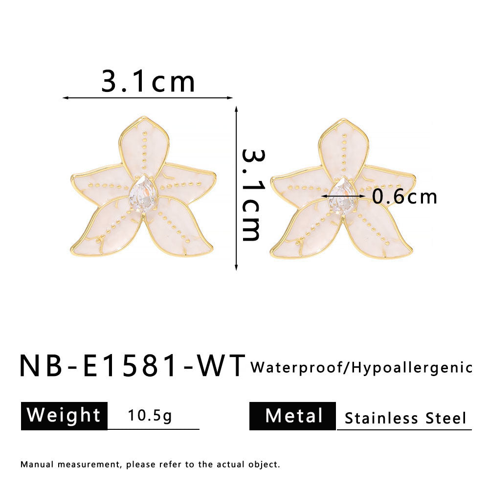 Geometric Style Five-Petal Flower-Shaped Stainless Steel Earrings with Enamel Coloring and Rhinestone Inlay for Women