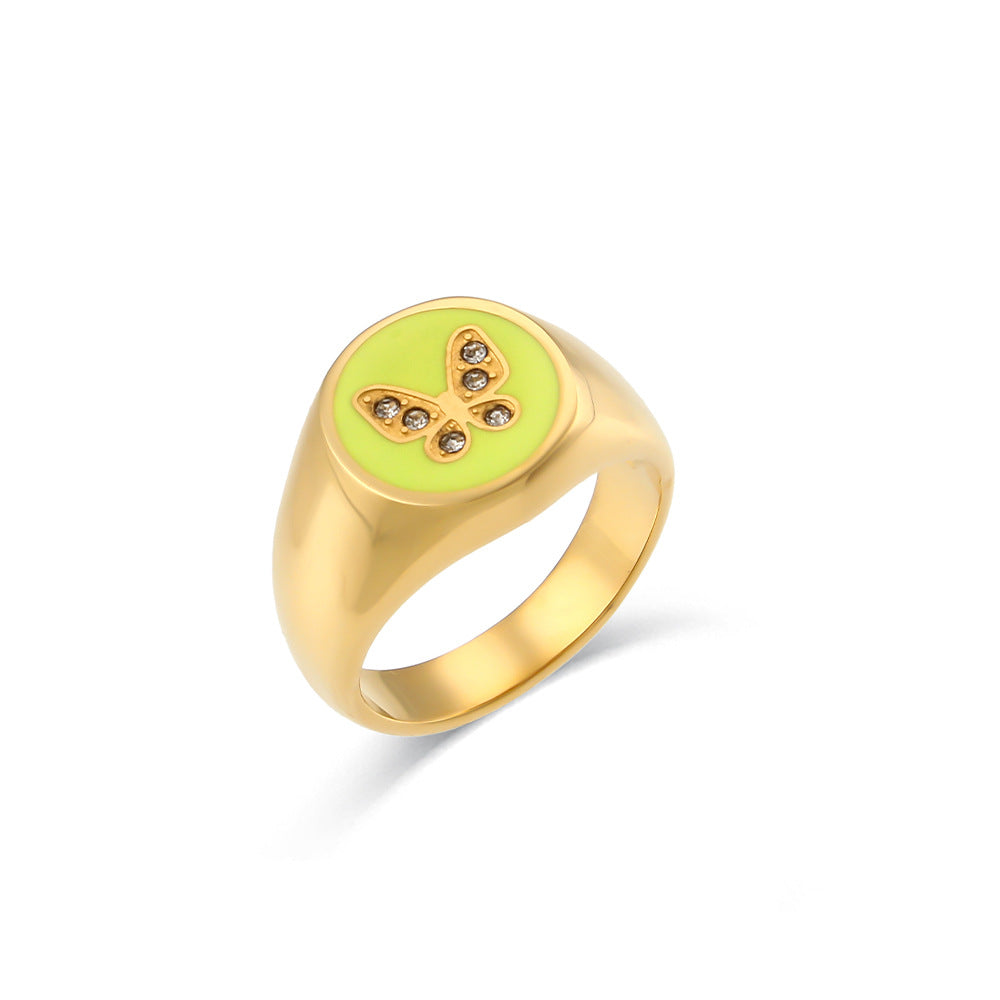 Anillo Geométrico de Mariposa Esmaltado de Circones de Acero Inoxidable Chapado en Oro de 18K Estilo Vintage para Mujer
