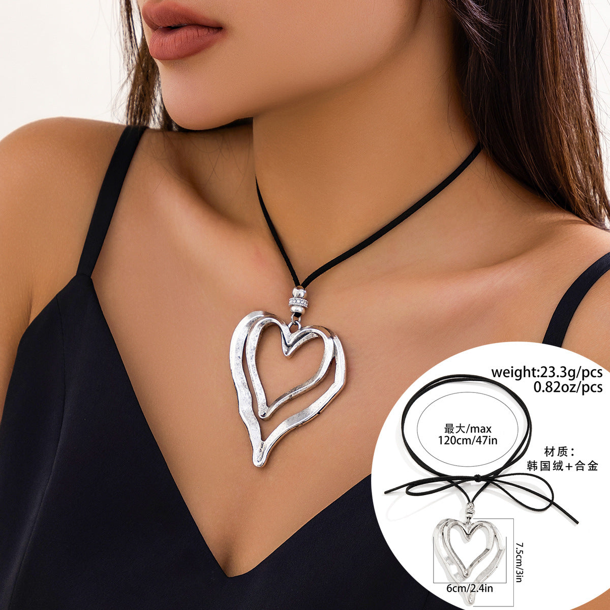 Sweet and Edgy Heart-Shaped Alloy Necklace with Plated Finish Adjustable Velvet Wax Cord