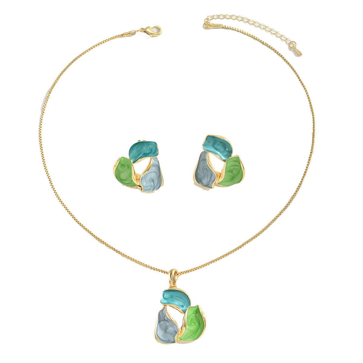Collana lunga color rame con petali e foglie e orecchini abbinati per donna, alla moda