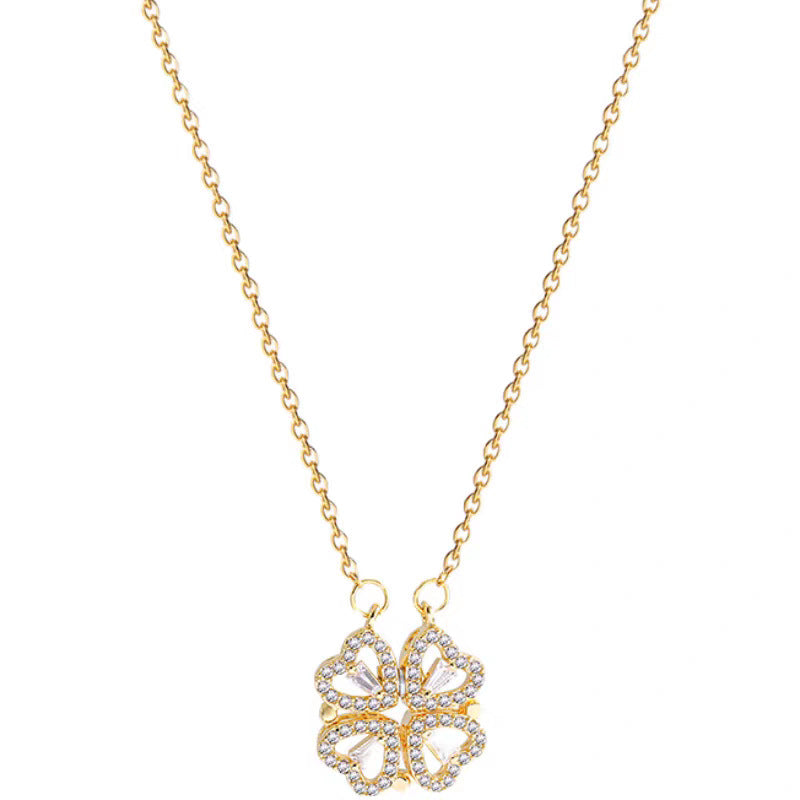 Cartoon Style Heart and Four-Leaf Clover Pendant Necklace in Titanium Steel with Full Rhinestone Inlay for Women and Men