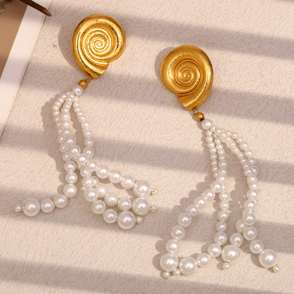 Fashion OL Geometric Stainless Steel 18K Gold Plated Imitation Pearl Tassel Shell Earrings for Women
