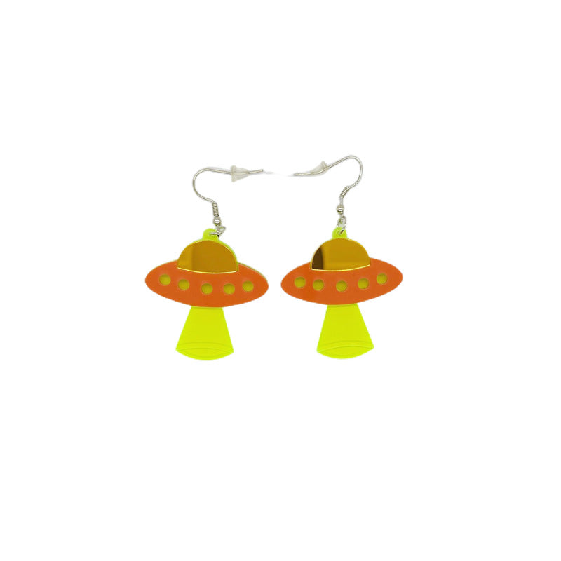 Pendientes de platillo volador alienígena OVNI con luna, estrella, vaca, gato y arco iris de acrílico extragrande para mujer con detalle cortado a láser