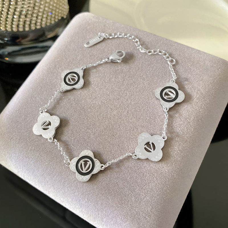 Minimalist Letter V Five-Leaf Flower Plated Titanium Steel Bracelet