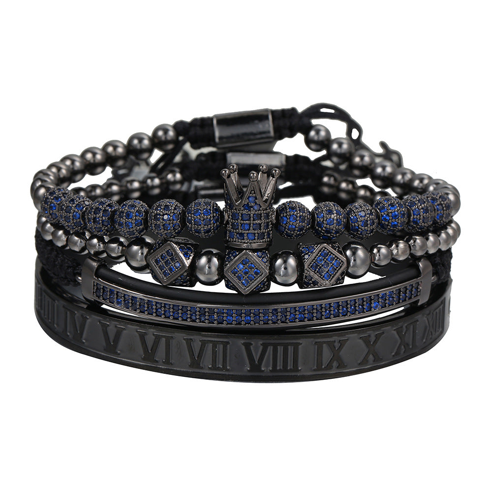 Fashion Unisex Micro-pave Cubic Zirconia Crown Ball Geometric Titanium Steel Bracelet Set
