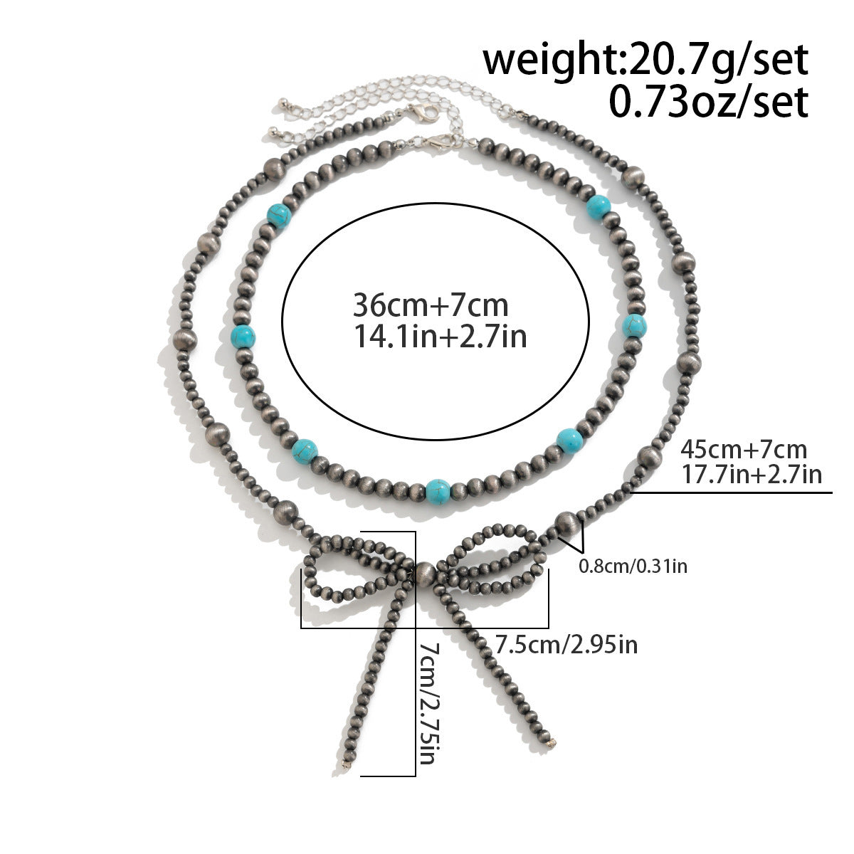 Bohemian Vintage Bowknot Beaded Necklace with Faux Turquoise Alloy Plated Multi-layer Chain for Women