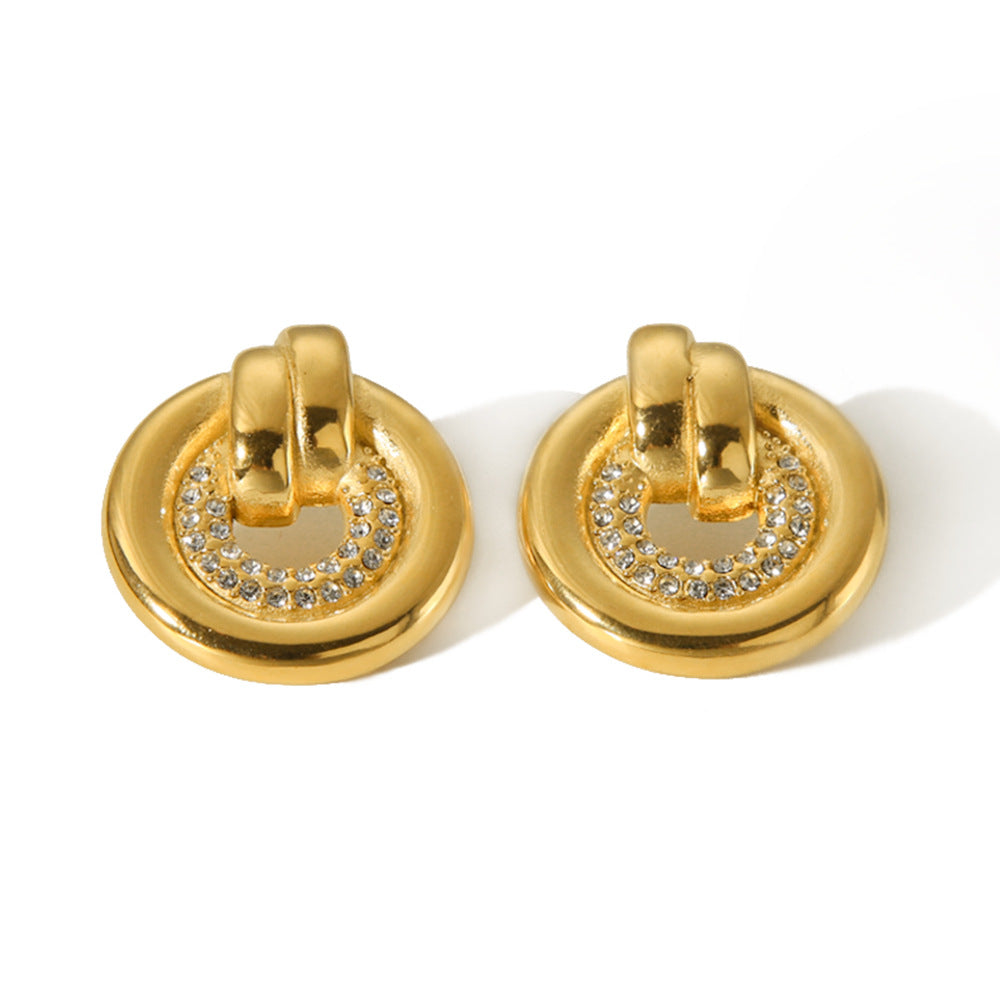 Ins Fashion Geometric Round 18K Gold Plated Stainless Steel Rhinestone Earrings for Women