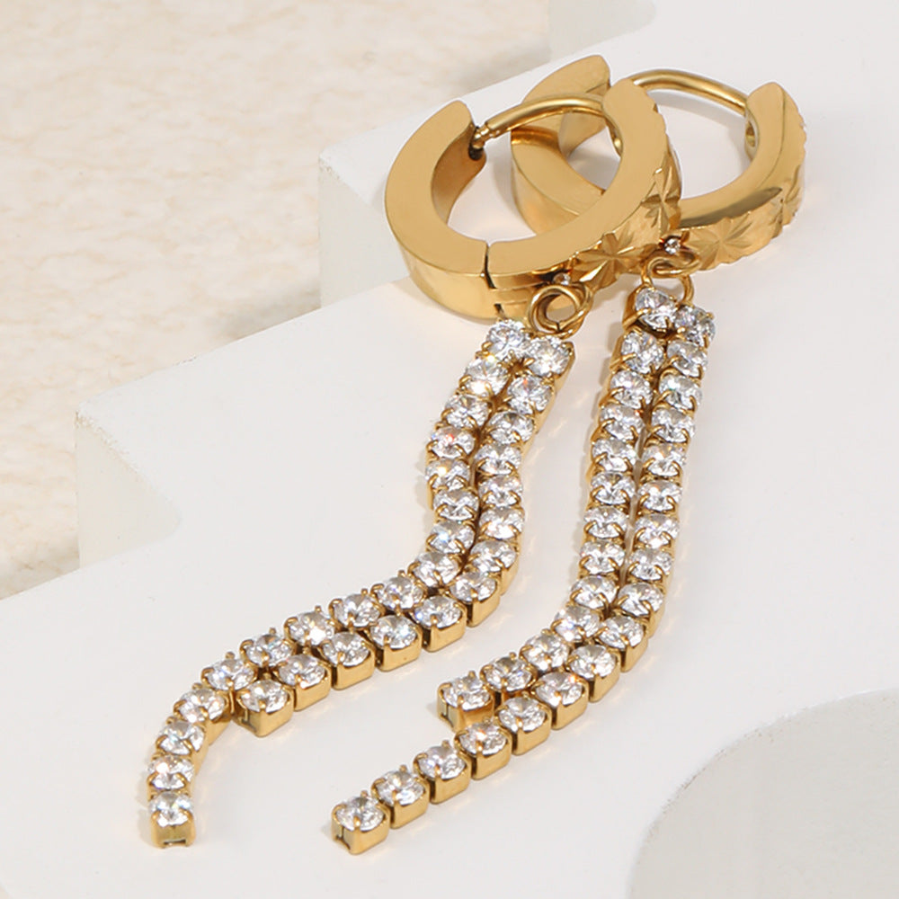 Orecchini a cerchio pendenti lunghi da donna, eleganti, geometrici, in acciaio inossidabile placcato oro con zirconi cubici