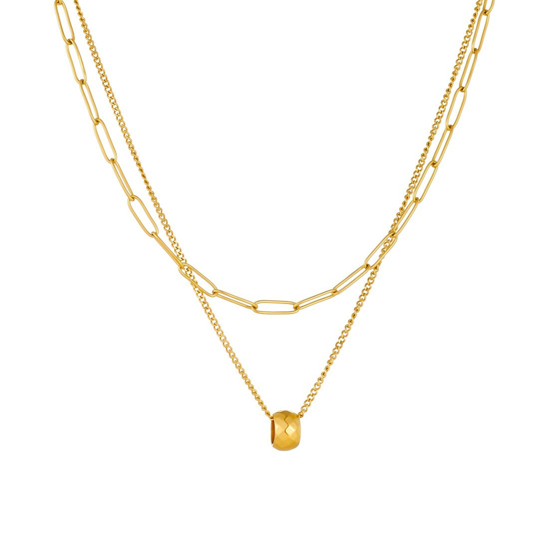 Minimalist Gold Plated Geometric Round Stainless Steel Pendant Necklace Double Layer Curb Chain