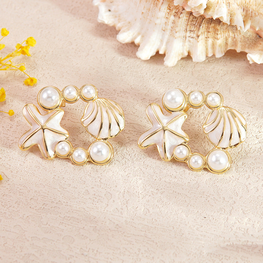 Sweet Drip Oil Pearl Shell Starfish Animal Stud Earrings in Stainless Steel for Women