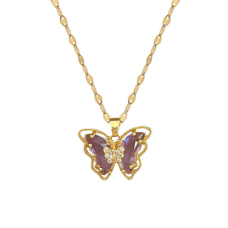 Elegant Sweet Butterfly Geometric Pendant Necklace Titanium Steel Chain for Unisex