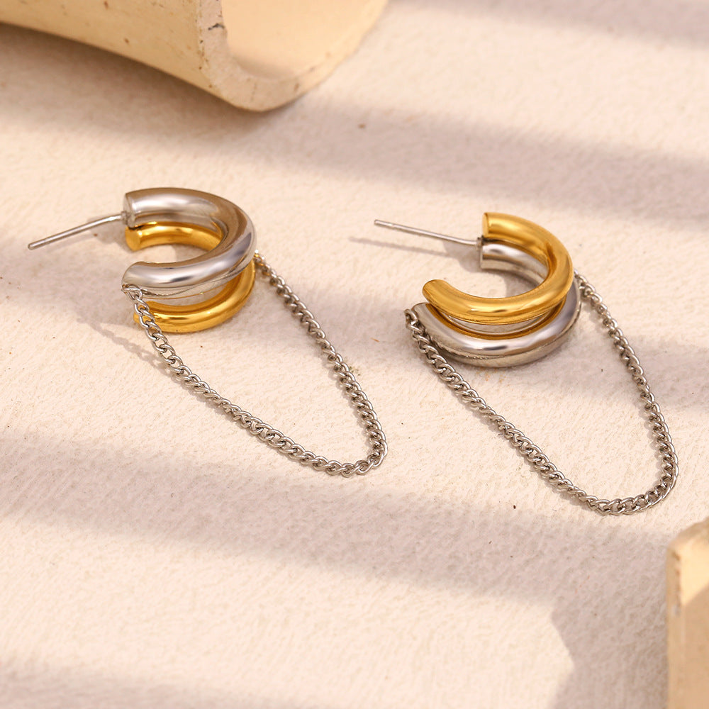 Orecchini geometrici minimalisti in acciaio inossidabile con placcatura in oro 18 carati e design a catena bicolore da donna