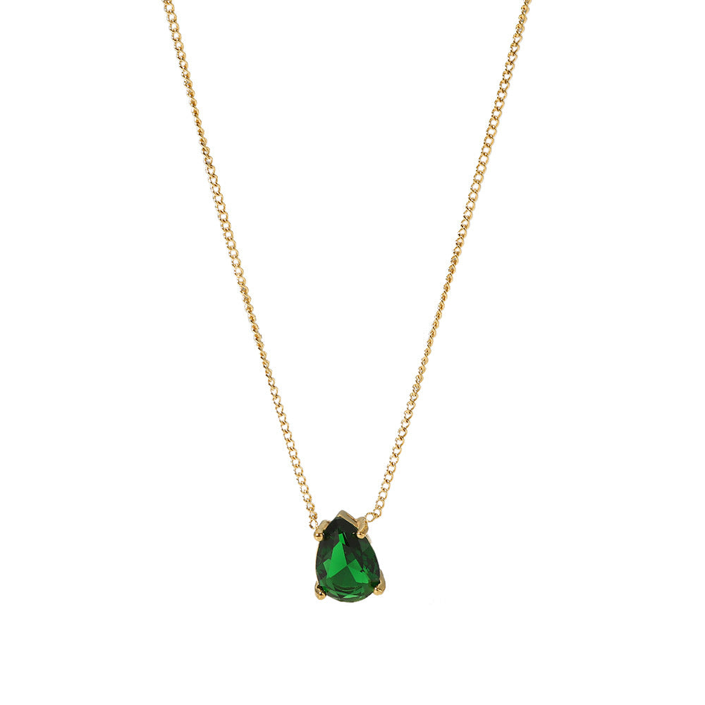 Minimalist Teardrop-Shaped Stainless Steel Necklace with 18K Gold Plating and Green Zircon Pendant for Women