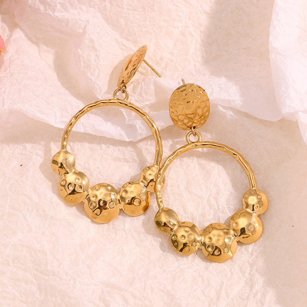 Fashionable Vintage-Inspired Geometric Stainless Steel Earrings with 18K Gold Plating and Hammered Texture for Women