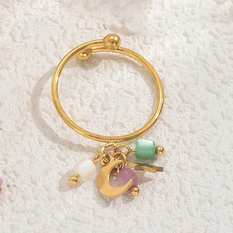 Anillo Abierto Geométrico para Mujer con Diseño de Estrella y Luna, Banda de Cobre con Incrustaciones de Perlas, Anillo de Dedo Minimalista de Moda para Dedo Índice