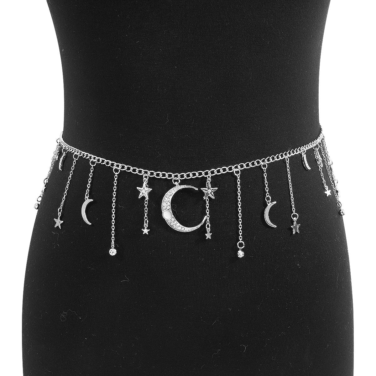 Collar con colgante de estrella y luna creciente dulce y atrevido para mujer con incrustaciones de diamantes de imitación y acabado galvanizado en cadena ondulada