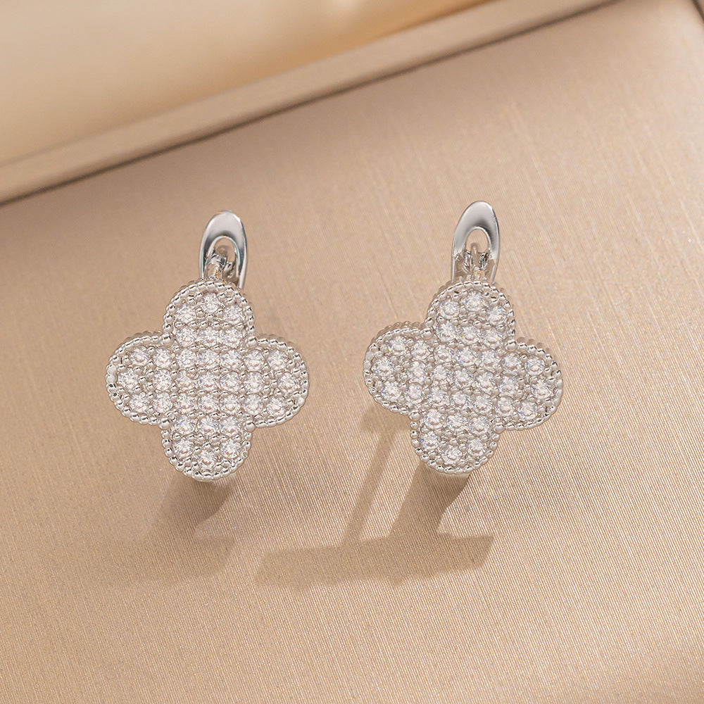 Luxury Clover-Shaped Ear Studs with Gold-Plated Copper Base and Rhinestone Inlay for Women