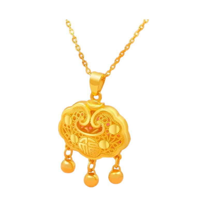 Original Design Irregular Shape Brass-Plated Titanium Steel Pendant Necklace with Feng Character Bell and Peace Lock for Men
