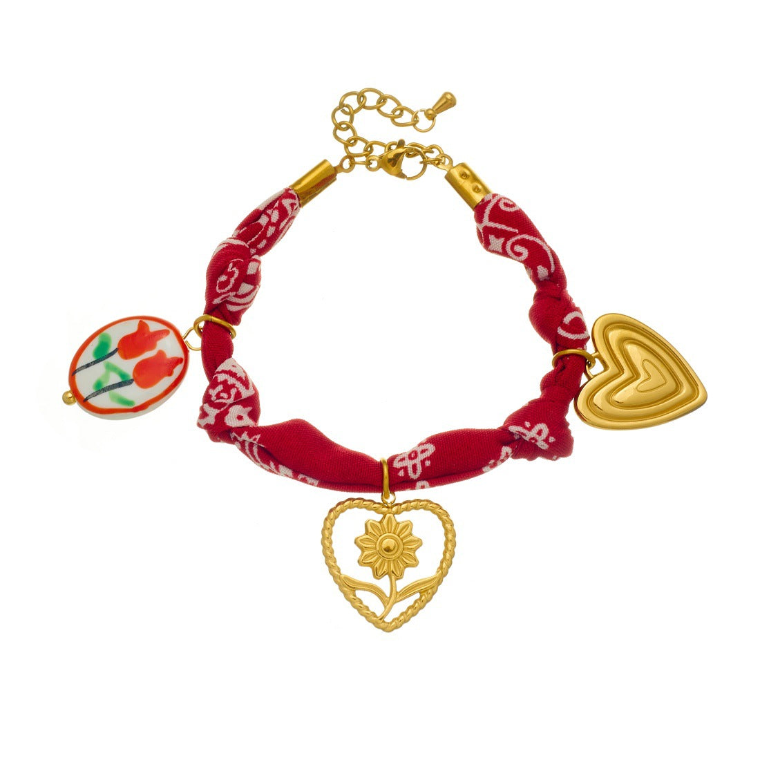 Vintage French Style Gold Plated Stainless Steel Heart Floral Ceramic Pendant Bracelet with Red Fabric Printed Rope Chain