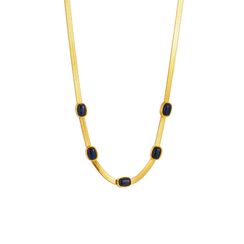 Vintage Minimalist Geometric Titanium Steel Snake Chain Necklace with Black Rhinestones for Women