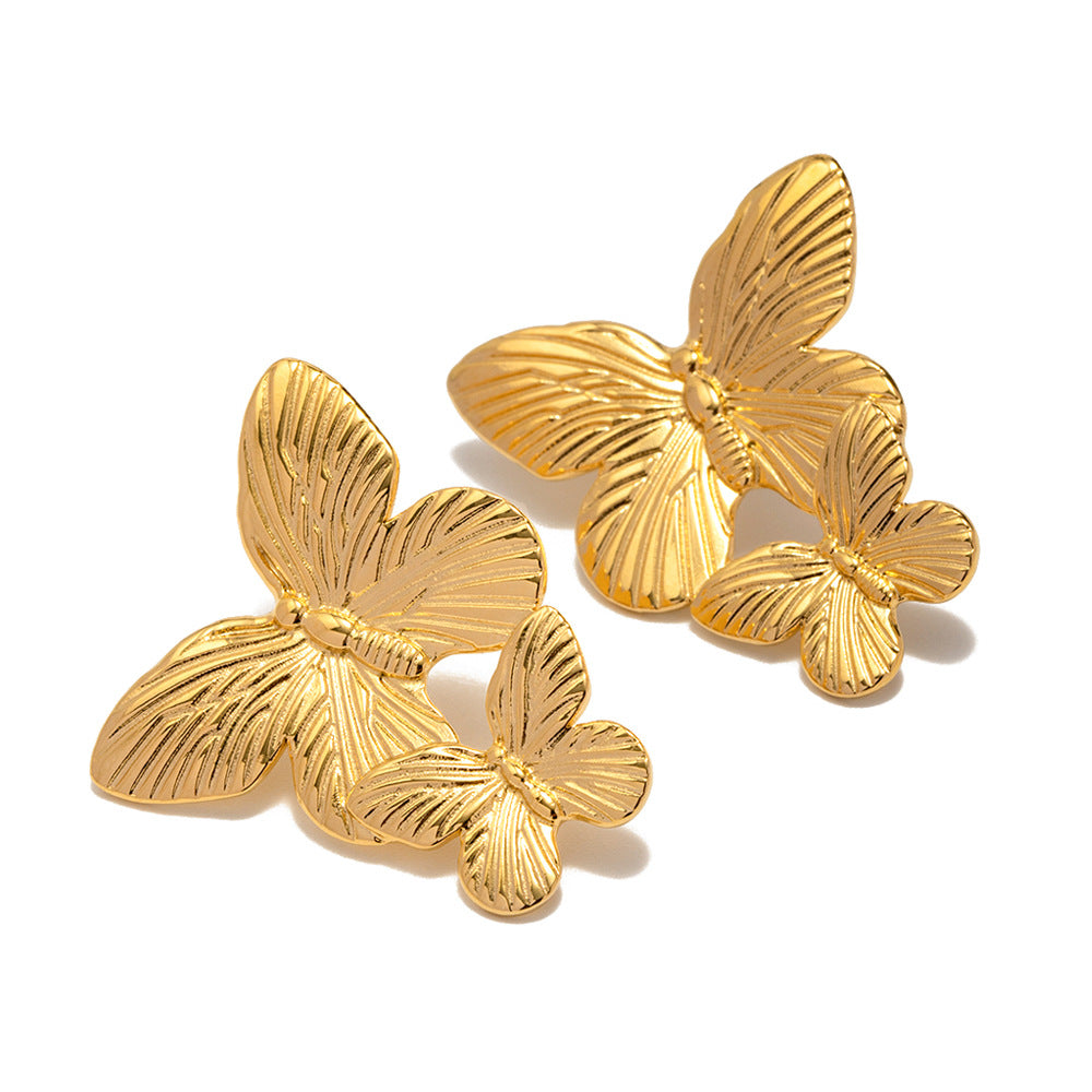Vintage French Palace Style Matte Antique Gold Stainless Steel Butterfly Geometric Earrings