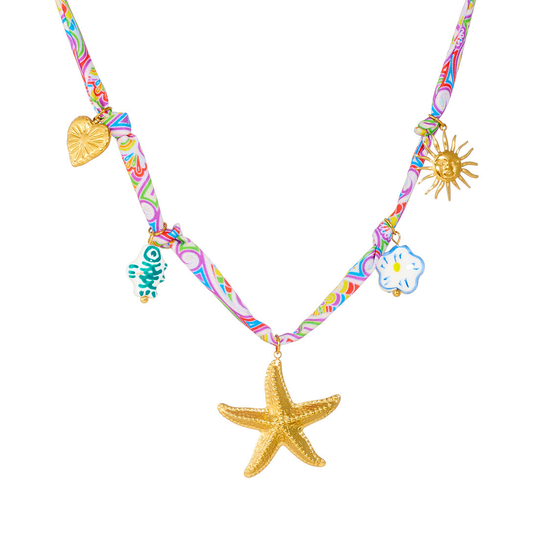 Elegant Gold Plated Stainless Steel Star and Animal Pendant Necklace with Ceramic Fish and Sunflower Charms