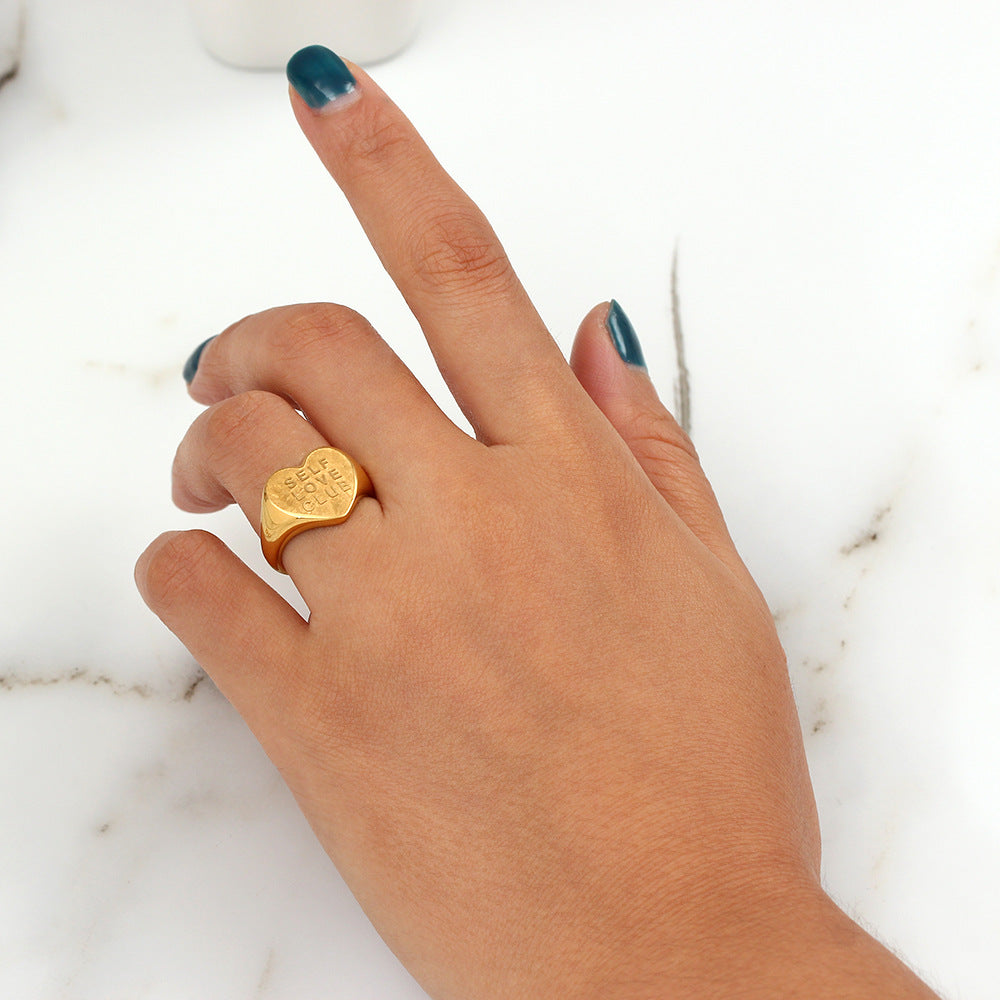 Fashionable Heart-Shaped Stainless Steel Ring with Gold Plating for Women Featuring SELFLOVECLUB Letter Design