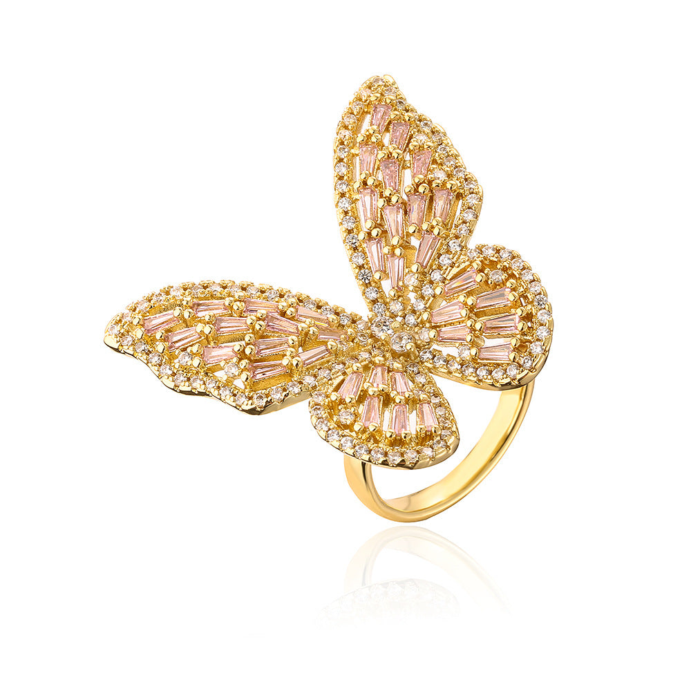 Elegant Luxury Butterfly-Shaped Ring for Women Made of Copper with Real Gold Plating and Micro-Pavé Colored Zirconia
